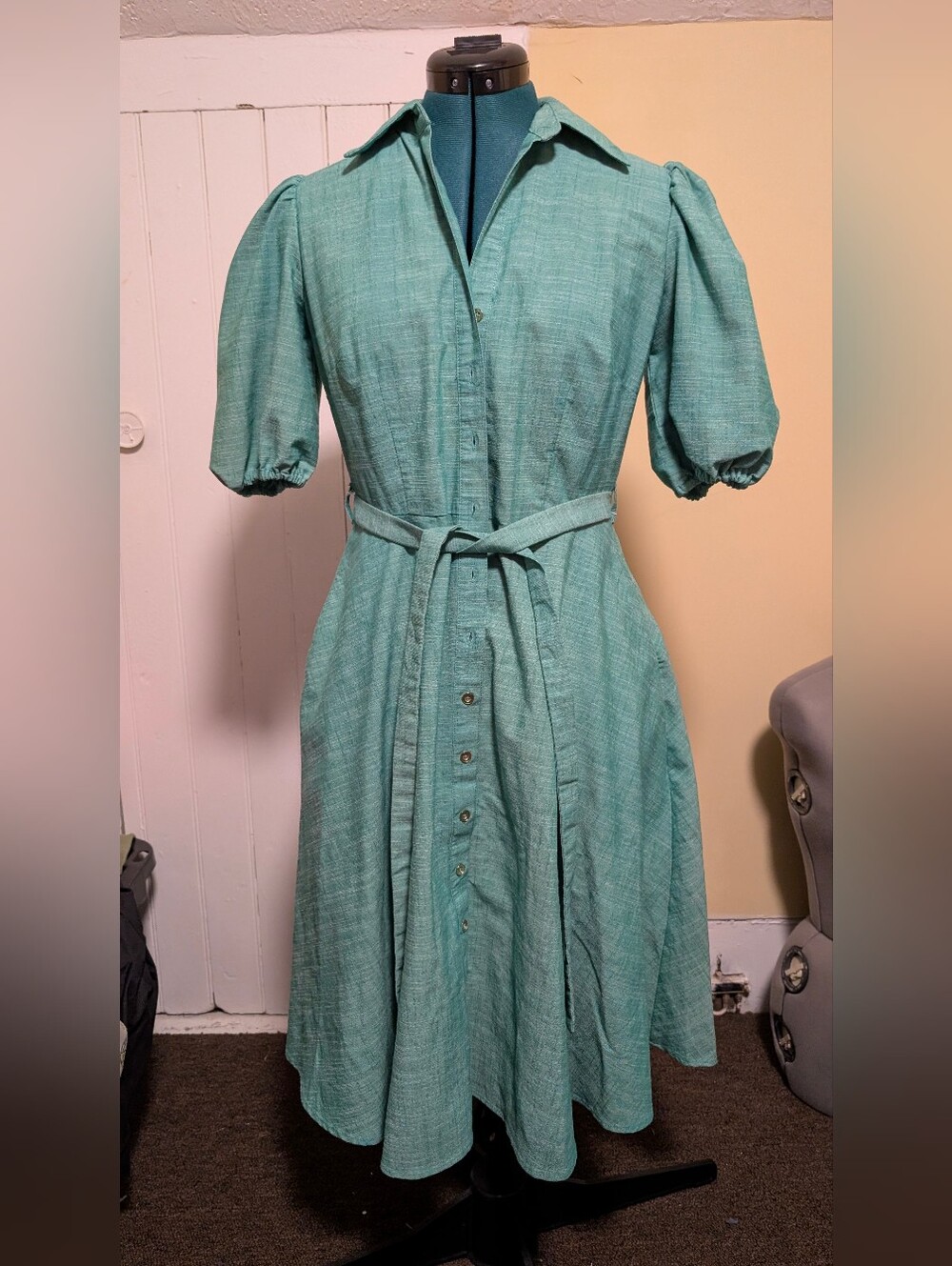Sharagano Teal Button-Front Midi Dress with Tie Belt